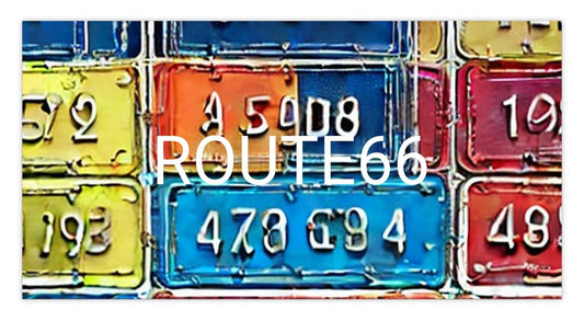 Route 66 adversarial-pattern bumper sticker close-up
